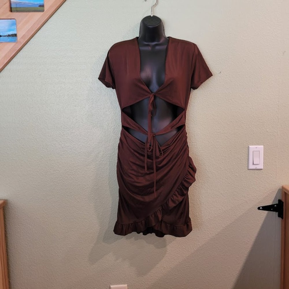 Short Sleeve V-Neck Tie-Front Cut-Out Ruffled-Trim Mini Bodycon Dress